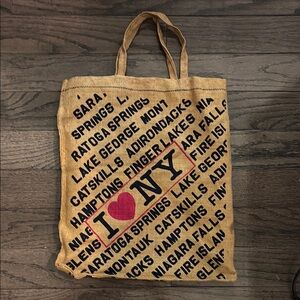 Vintage I ❤️ NY tote bag, jute, names of NY places, 16.5x14.5”